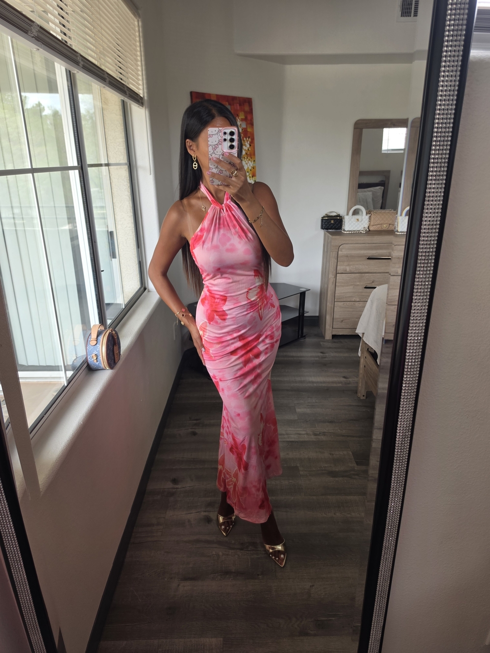 Halter Neck Pink Tie-Dye Maxi Dress